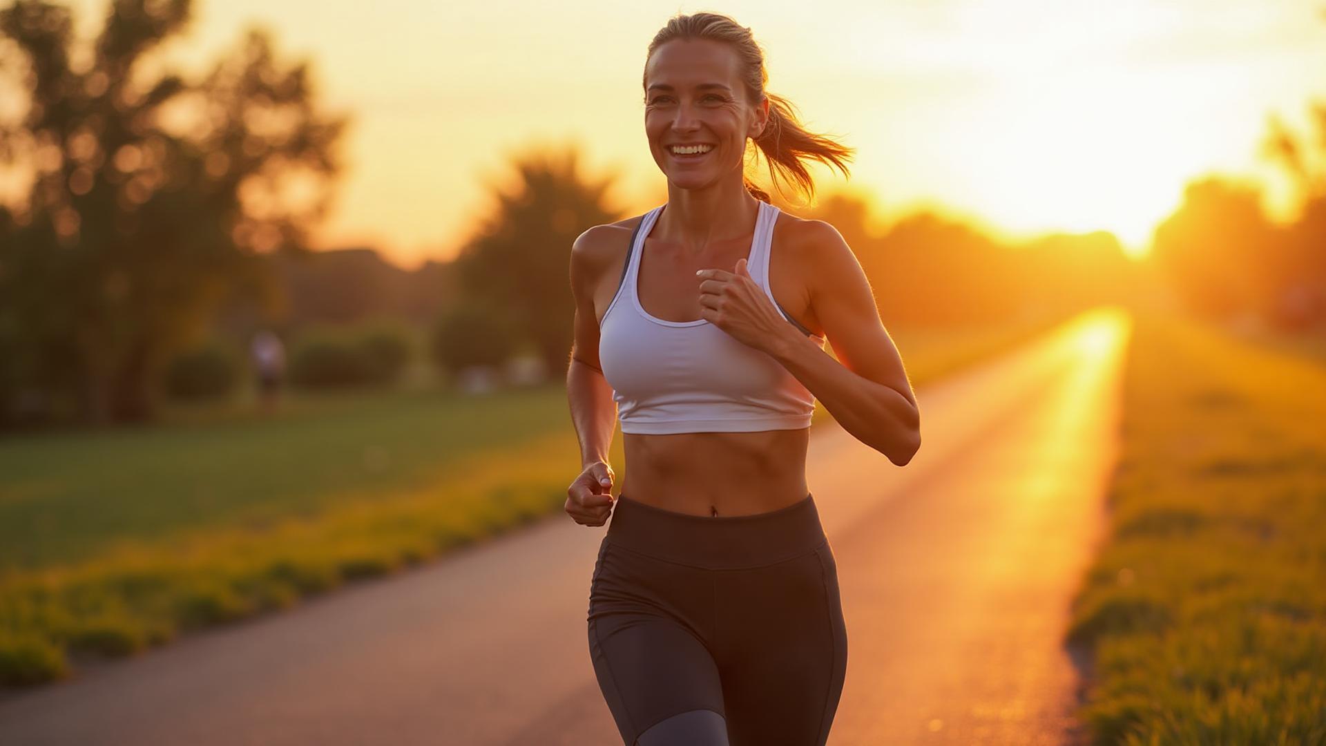 Active woman jogging at sunrise - embodying vitality and longevity